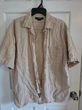 Trust Brand Mens Medium Button Up Shirt Beige/Cream with Salmon Stitching